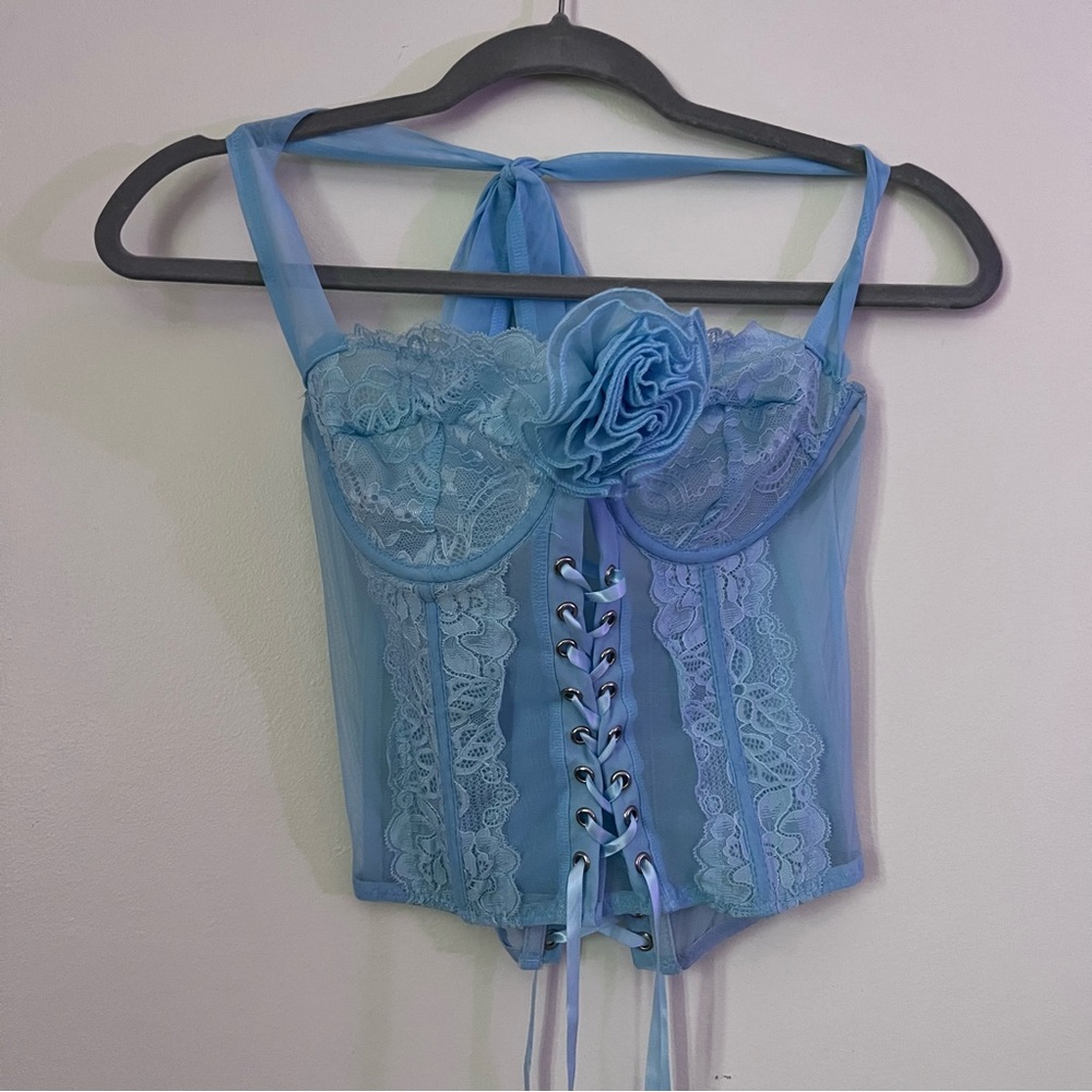Light Blue Lace Corset Top with Rosette